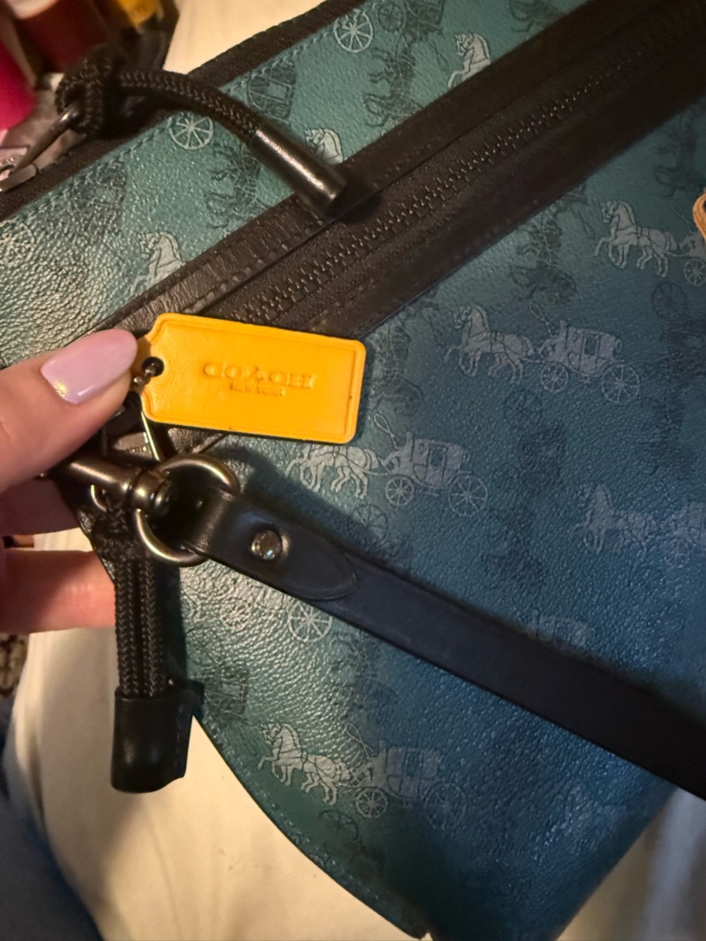 Coach Teal Signature Canvas Pouch with Yellow Traffic Sign Accent - Picture 4 of 7